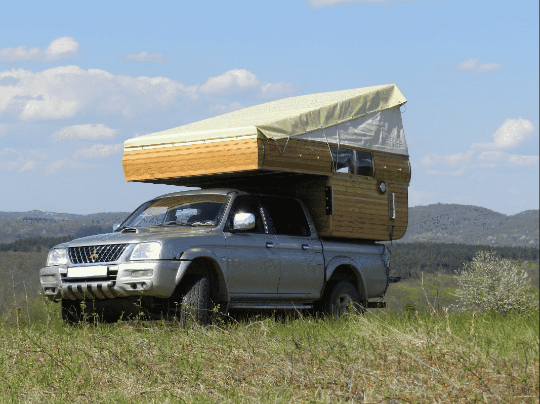 A pick-up truck in a meadow.